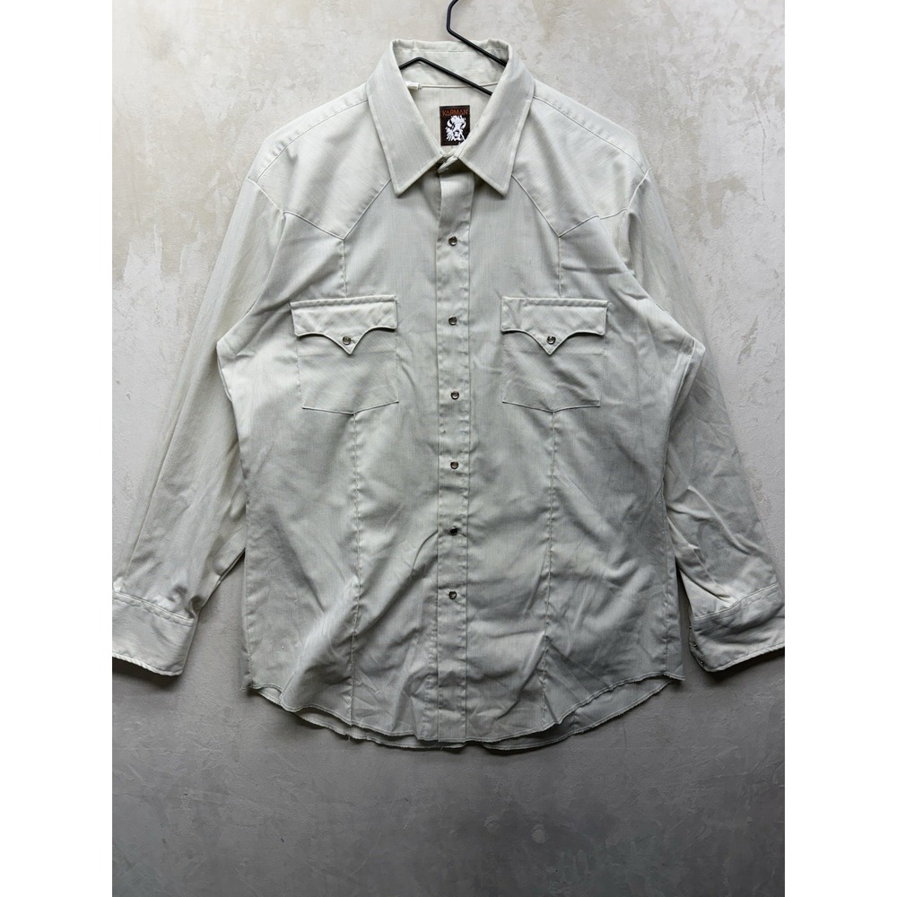 Vintage Karman Western Shirt Men XL Beige Twill Pearl Snap Button Up Long Sleeve
